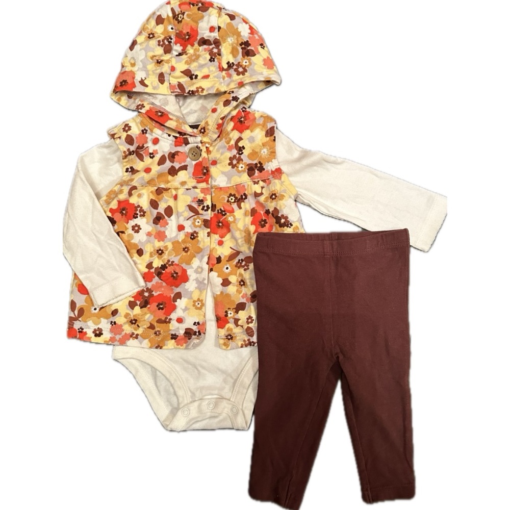 Carter’s 3 Piece Baby Girl Set - Bodysuit, Leggings, Hooded Buttoned Vest - 9M